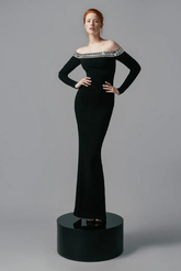 Off-shoulder column gown with crystal neckline – Golena